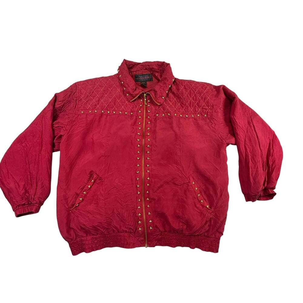 Vintage Studio Sportif 100% Silk Red Beaded Quilted Bomber Jacket XL